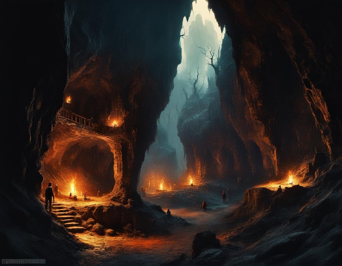 Mysterious Shadowy Village in a Cave, Digital Art
