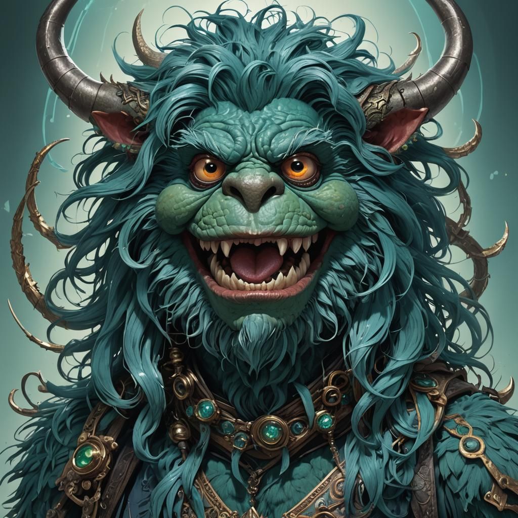 Teal Demonic Muppet Portrait in Hyperdetailed Style