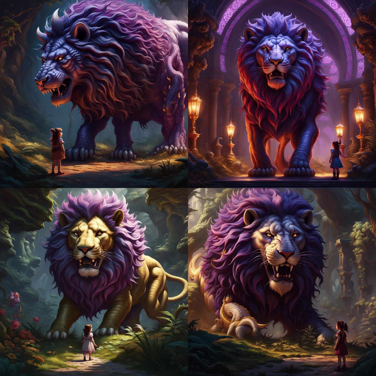 Lion-Dragon Herbivore Confronts Girl: Dark Fantasy Art