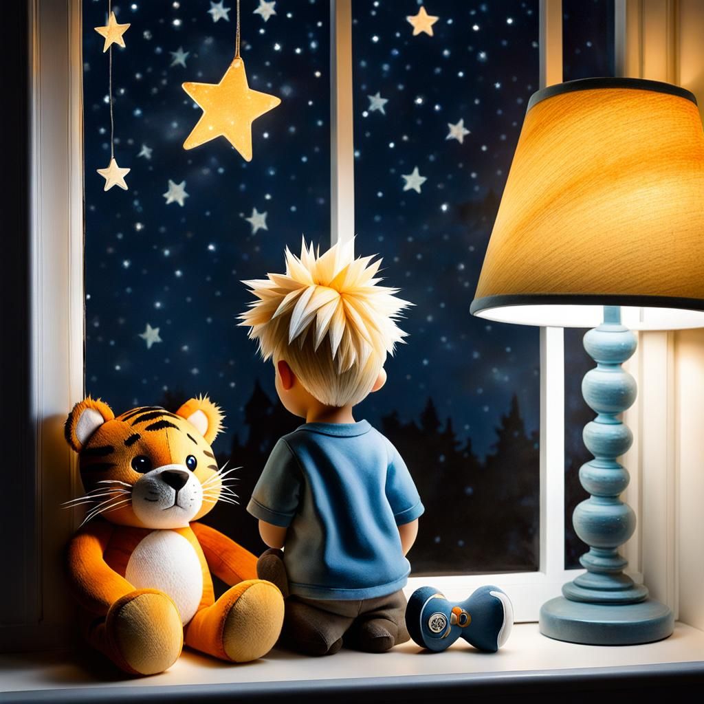 Boy and Tiger Gaze at Moonlit Sky