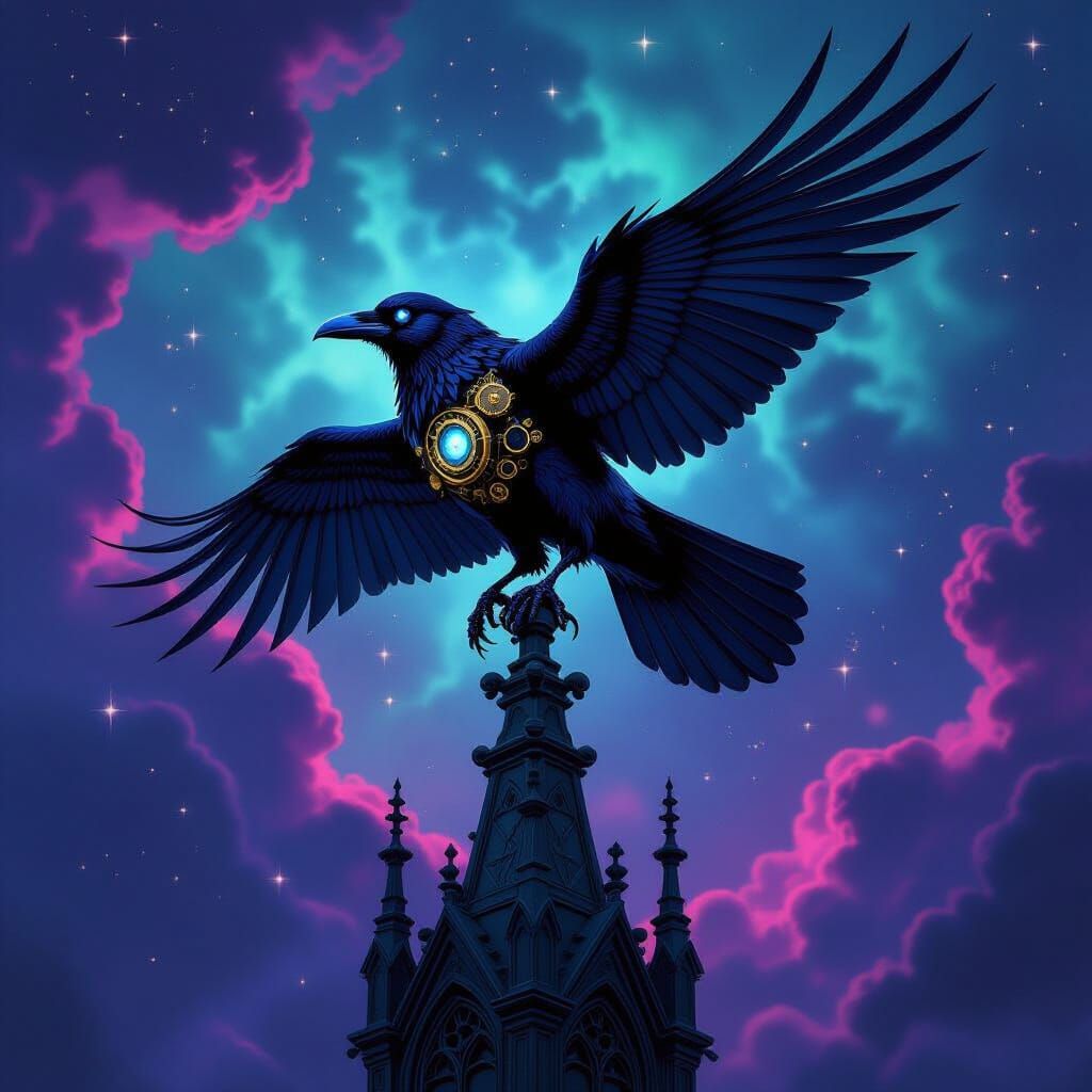 Clockwork Raven Perched on Gothic Spire