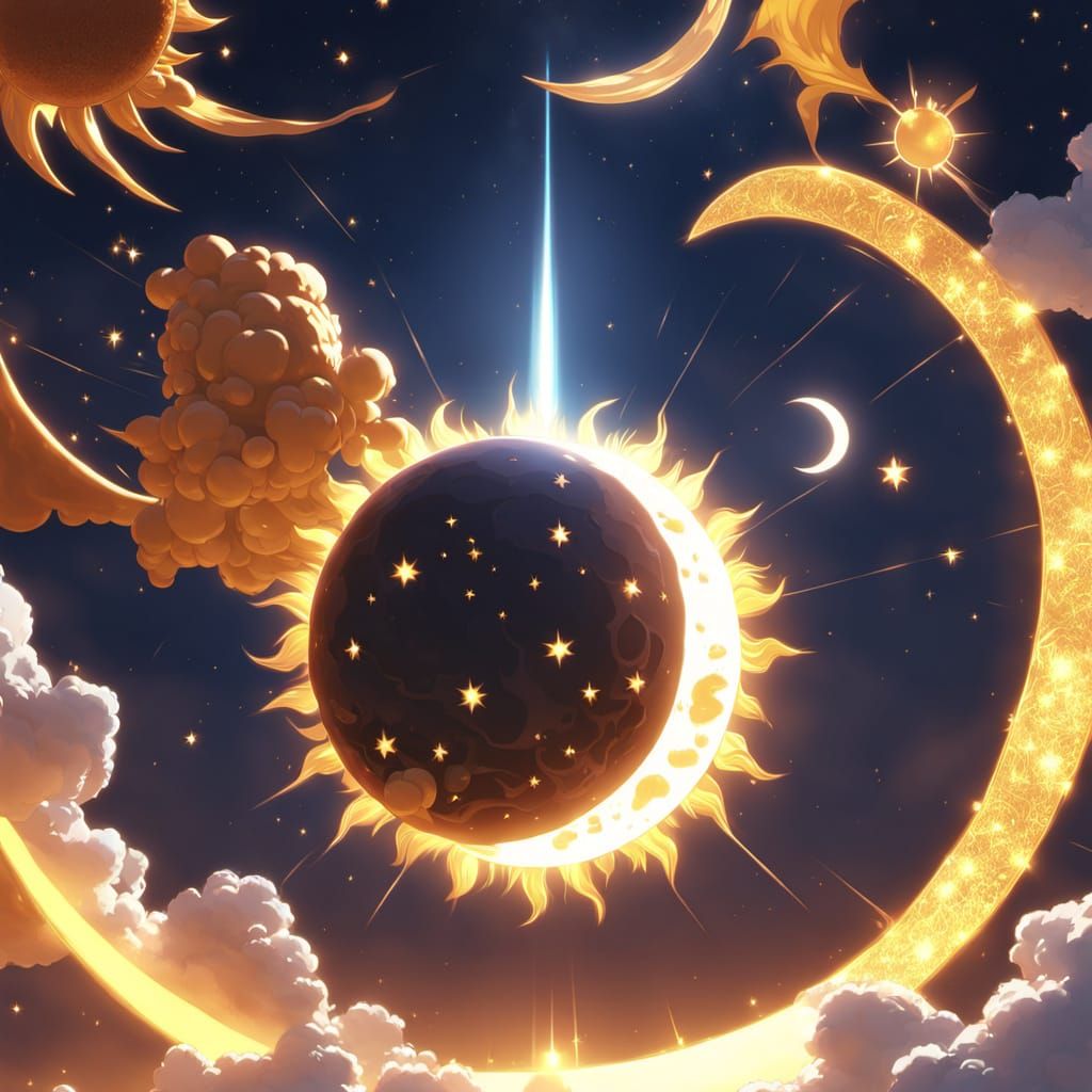 3D Anime Sun and Moon with Glowing Lunar Edges