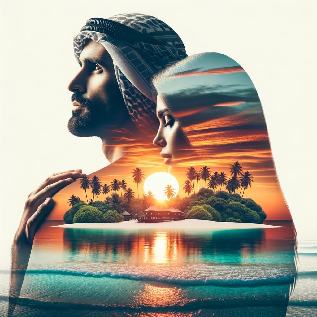 Double Exposure of Lovers Watching Island Sunrise