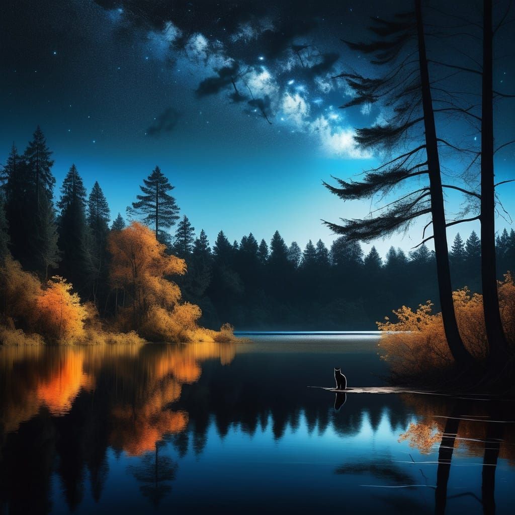 Surreal Autumn Lake Scene at Dusk in Dark Fantasy Style