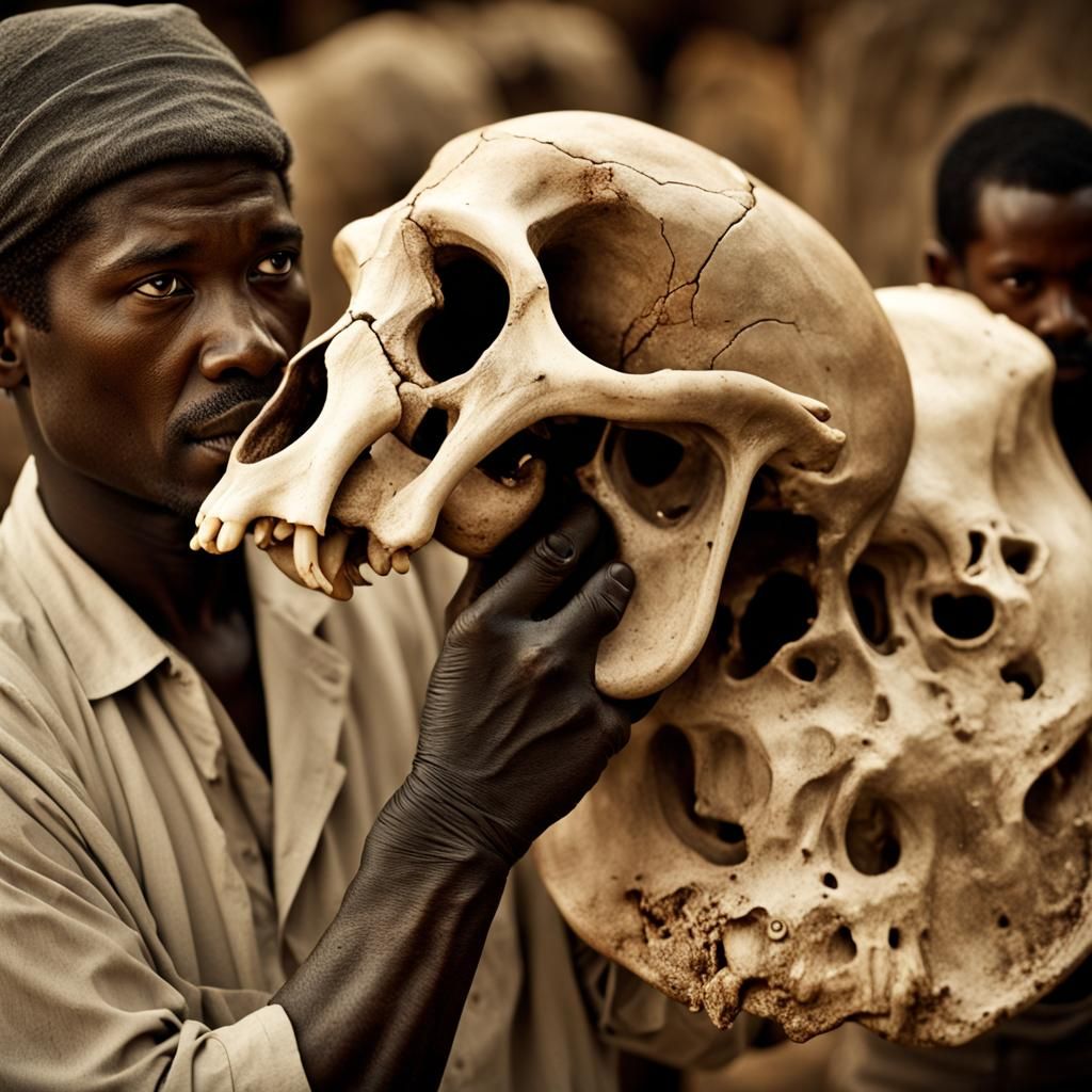Explorer with Elephant Skull in Market, Colbert Style