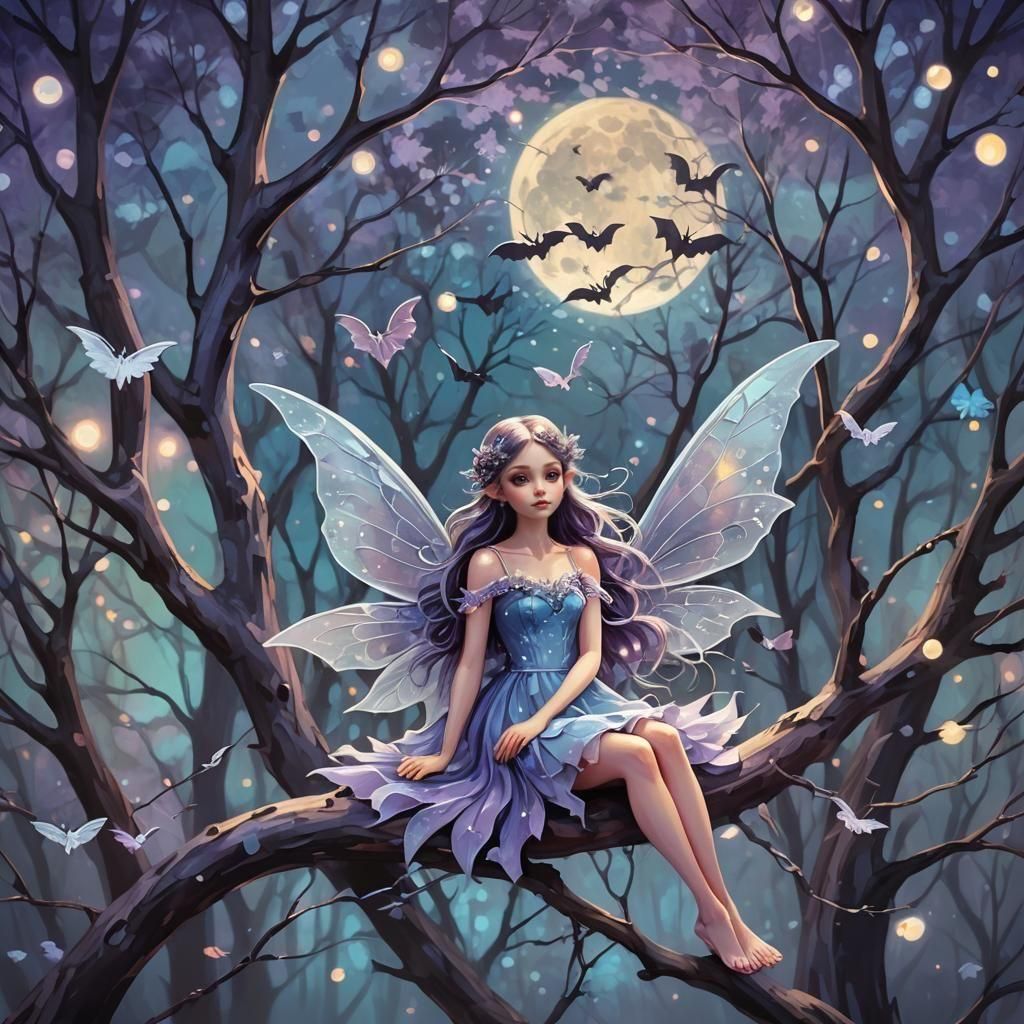 Moon Fairy with Bat Wings in Flight