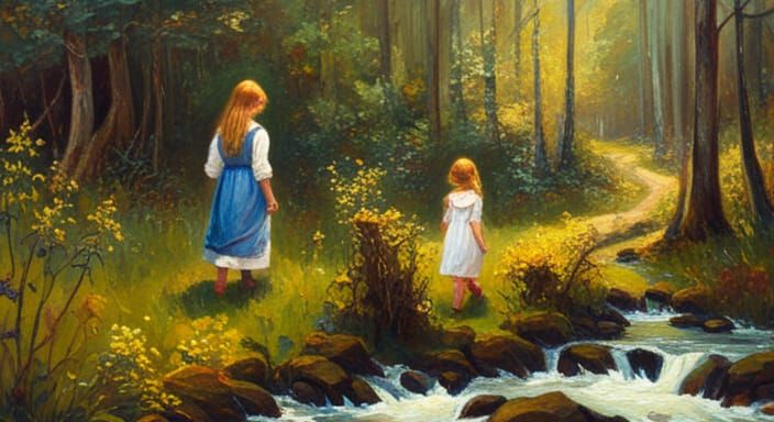 Girl on Forest Trail, Oil Painting