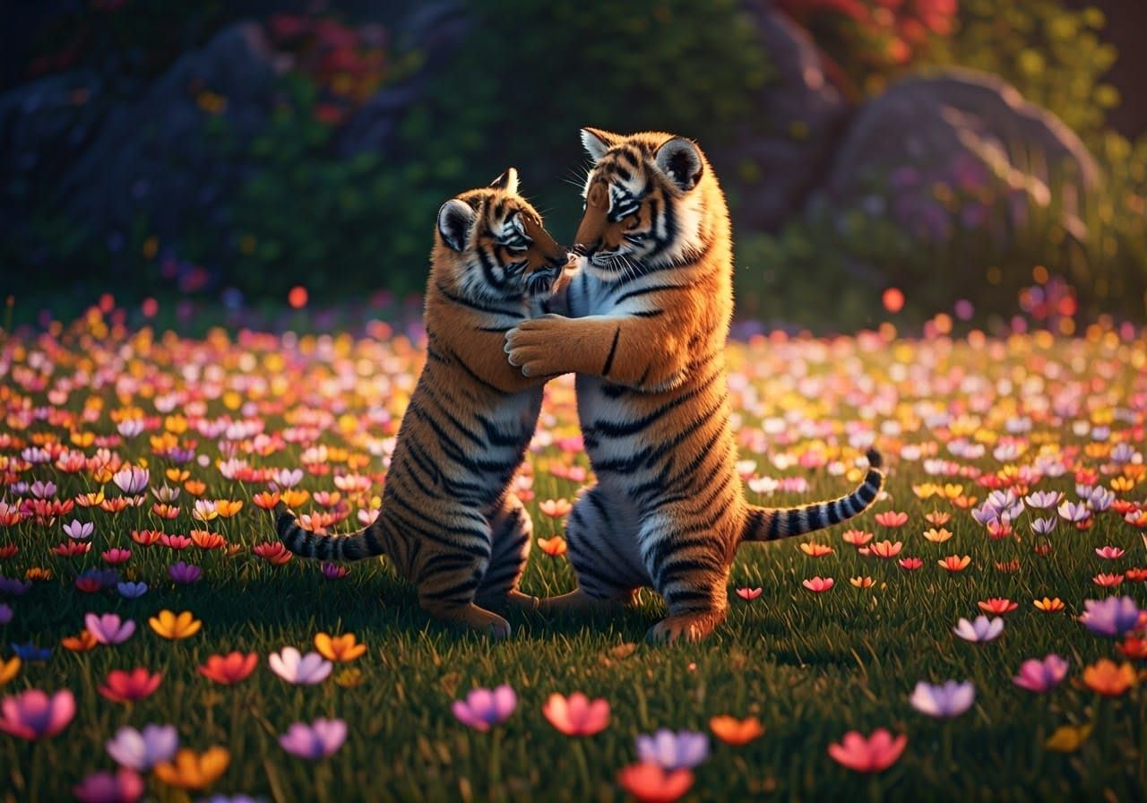 Vibrant Tiger Cubs Wrestle in a Floral Wonderland