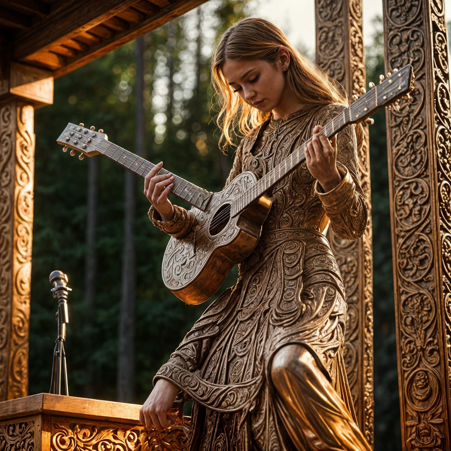 Antique Carved Statue of Guitar Girl