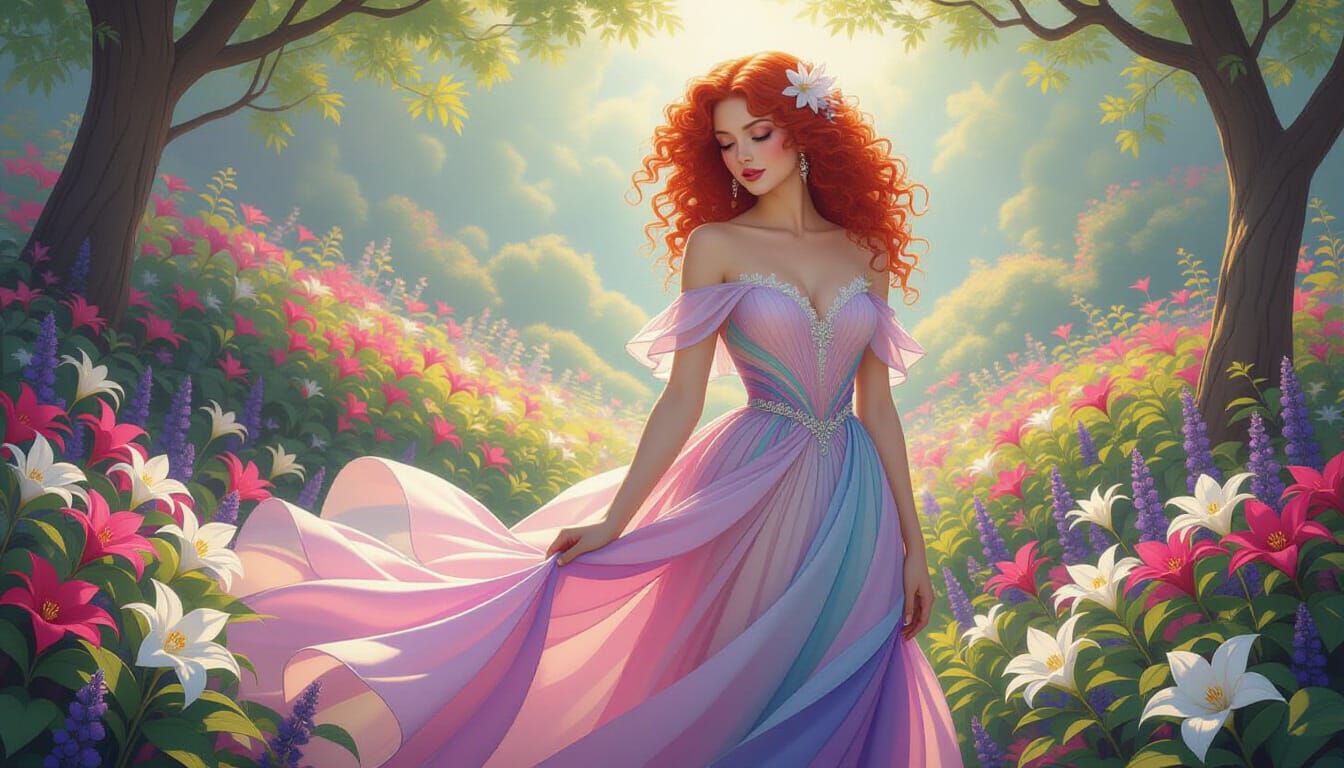 Ethereal Woman in Rainbow Garden, Art Nouveau Style