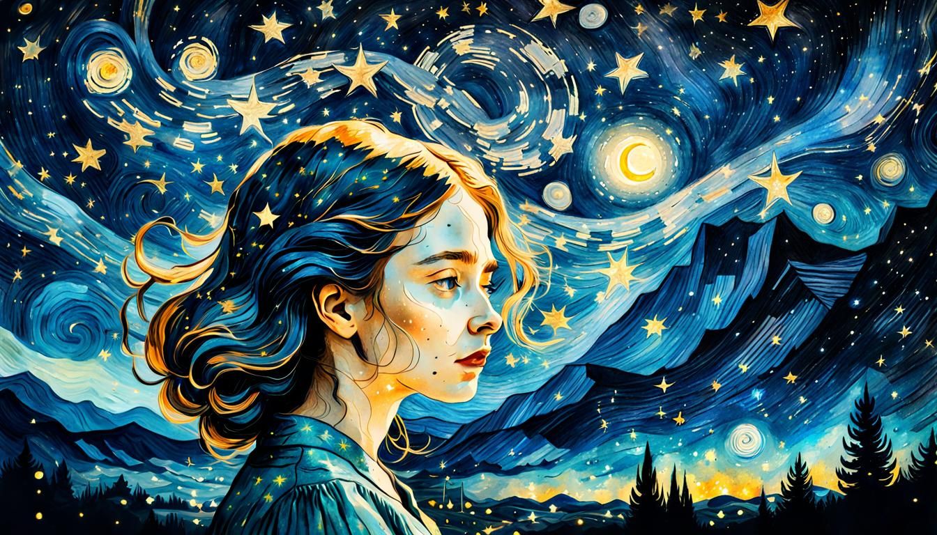 Girl Gazes at Starry Night in Van Gogh Style