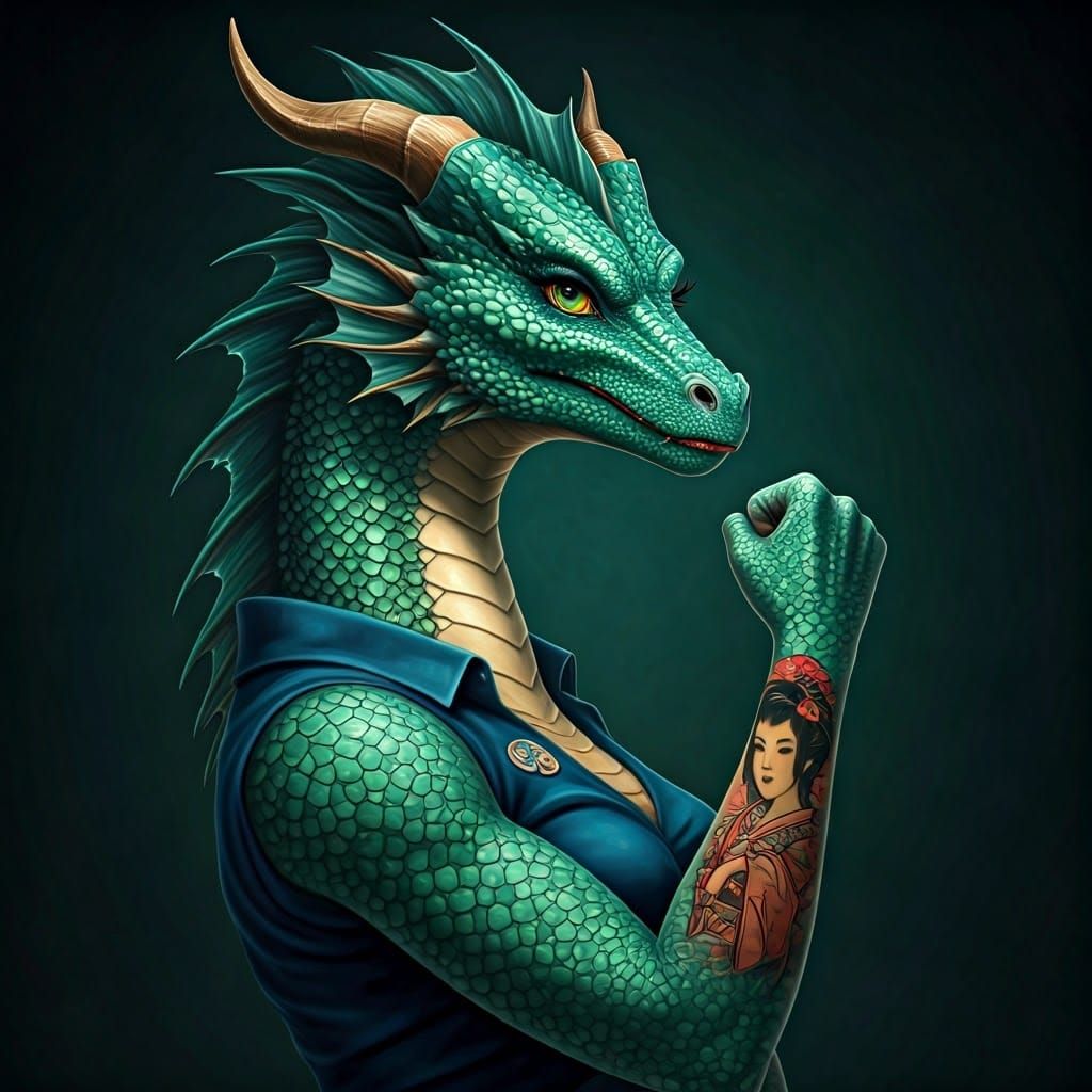 Iridescent Dragon Rosie the Riveter, Digital Matte Painting