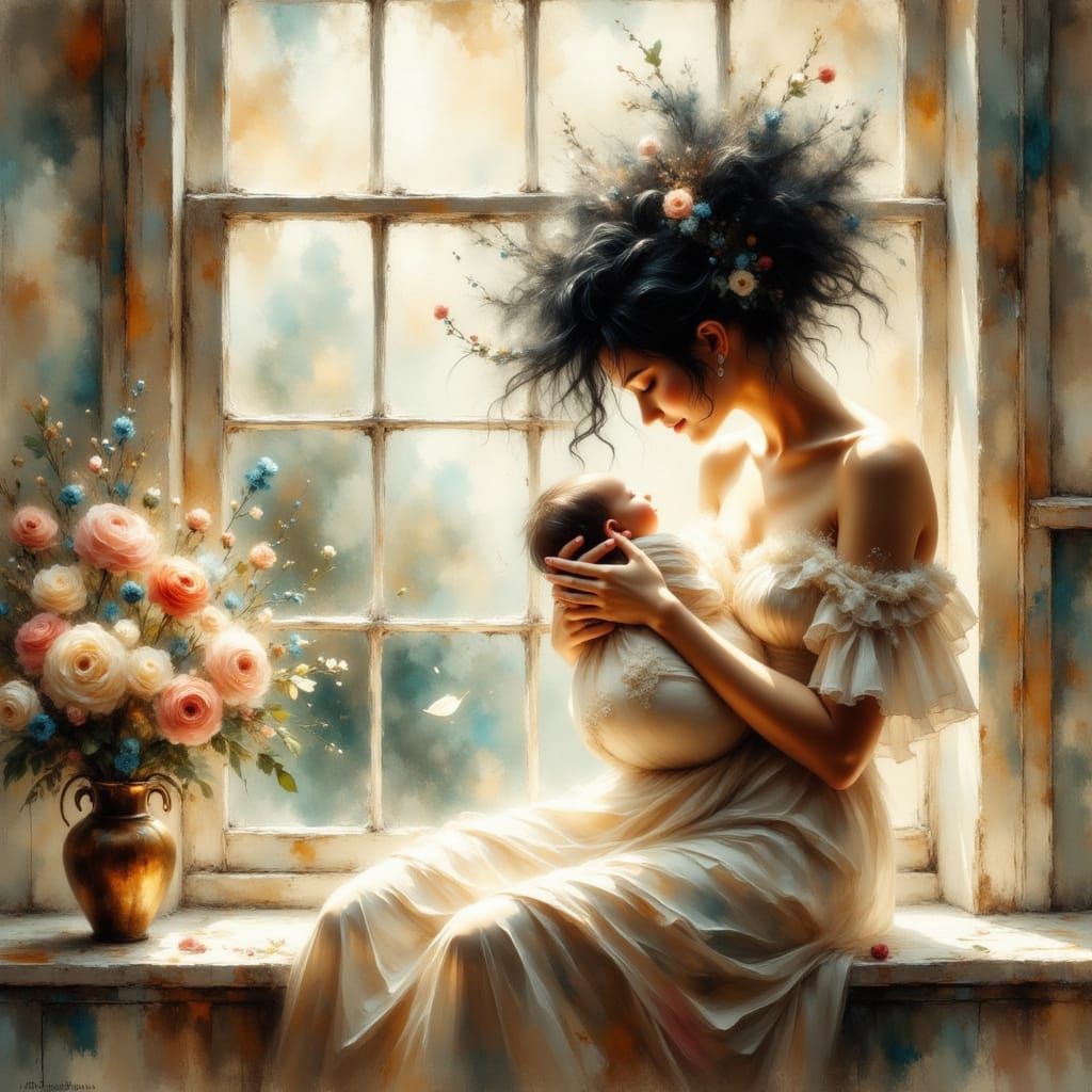 Elegant Woman and Child as Impasto Painting