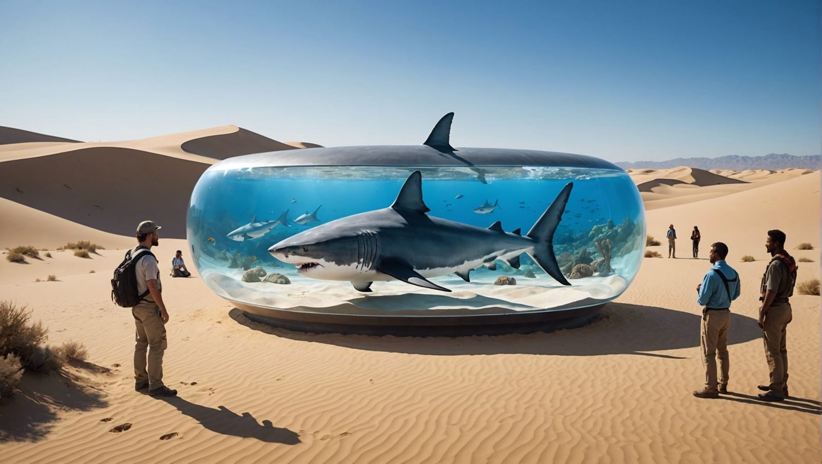 Desert Aquarium: Great White Shark in Hyperrealistic Scene