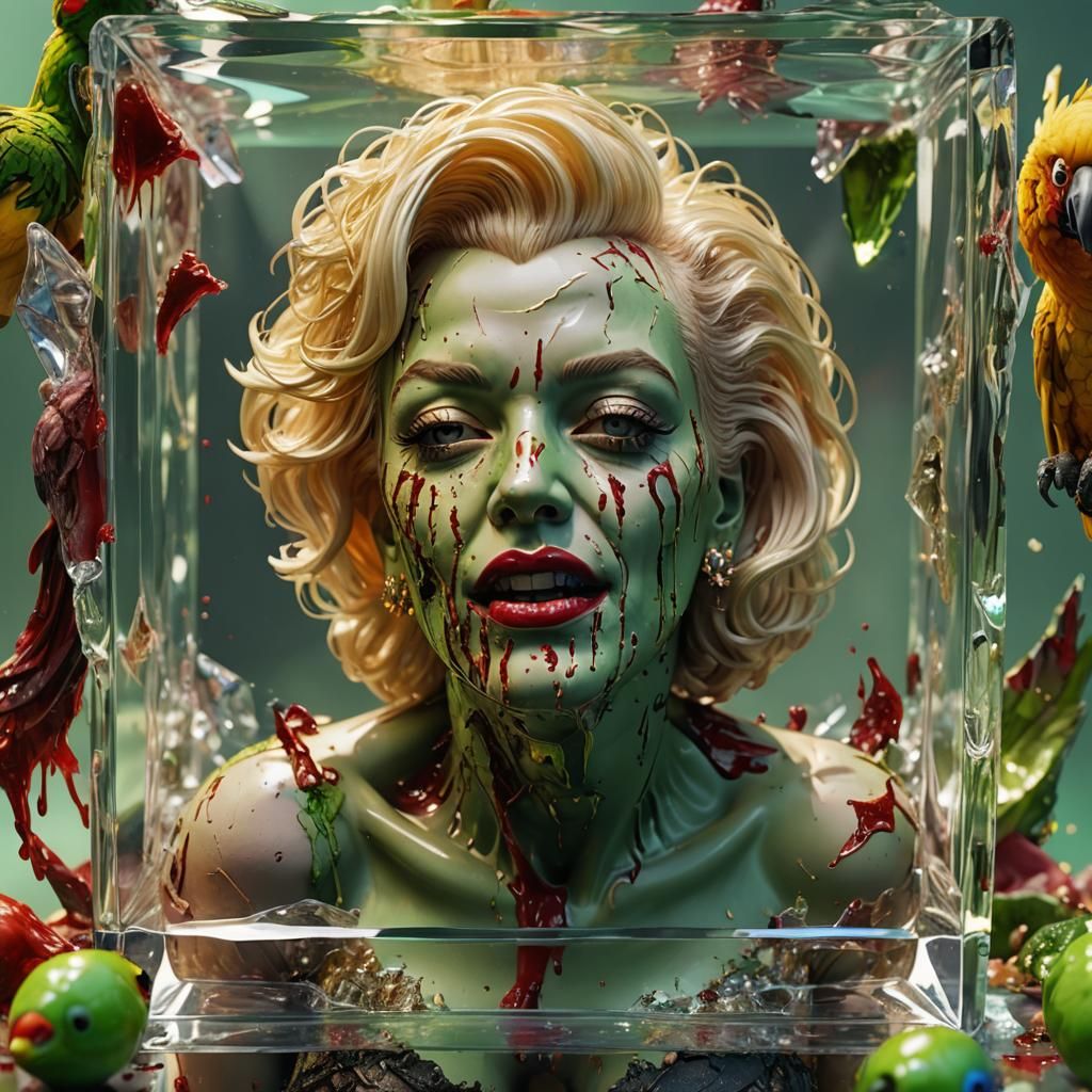 Zombie Marilyn Monroe in Crystal Cube: Hyperrealistic Render