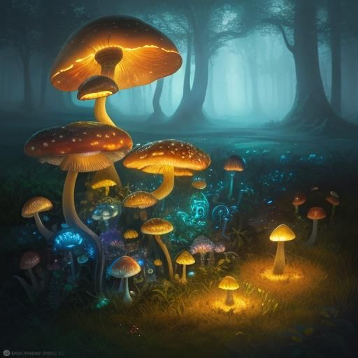 Boa Constrictor Coiled Around Glowing Mushroom