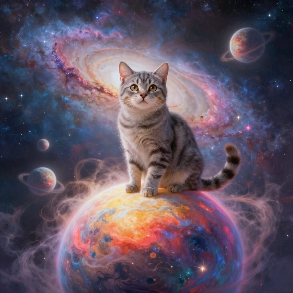 Cute Gray Cat on Luminous Planet with Galaxy Background