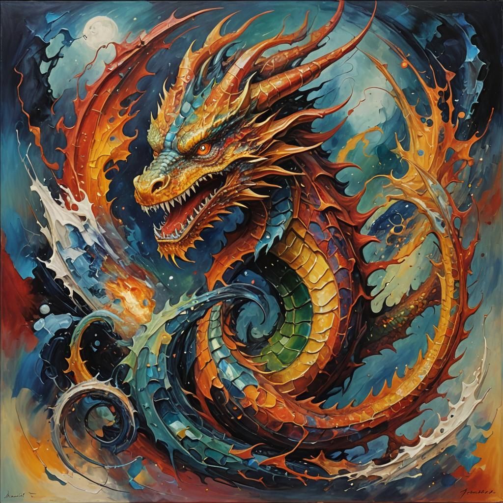 Abstract Expressionist Cosmic Dragon Oil Painting