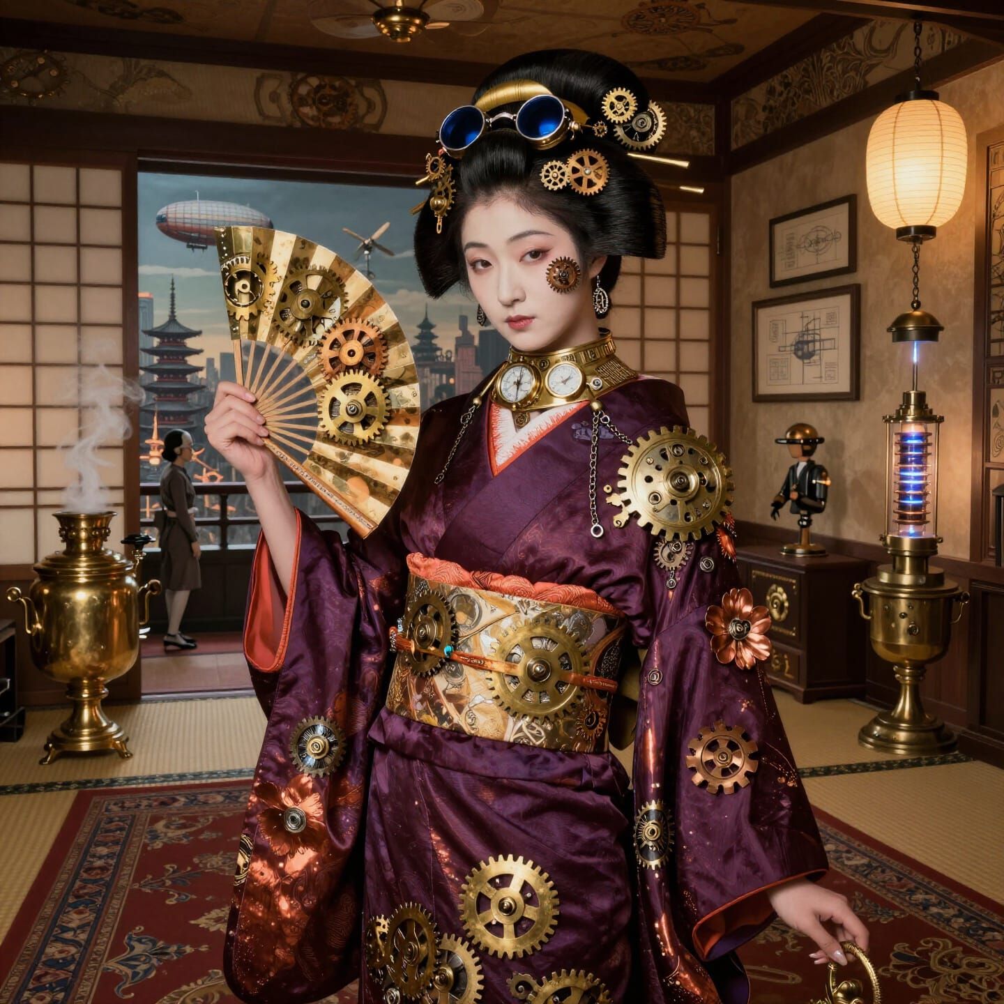 Geisha in Victorian-Japanese Fusion Oil Painting