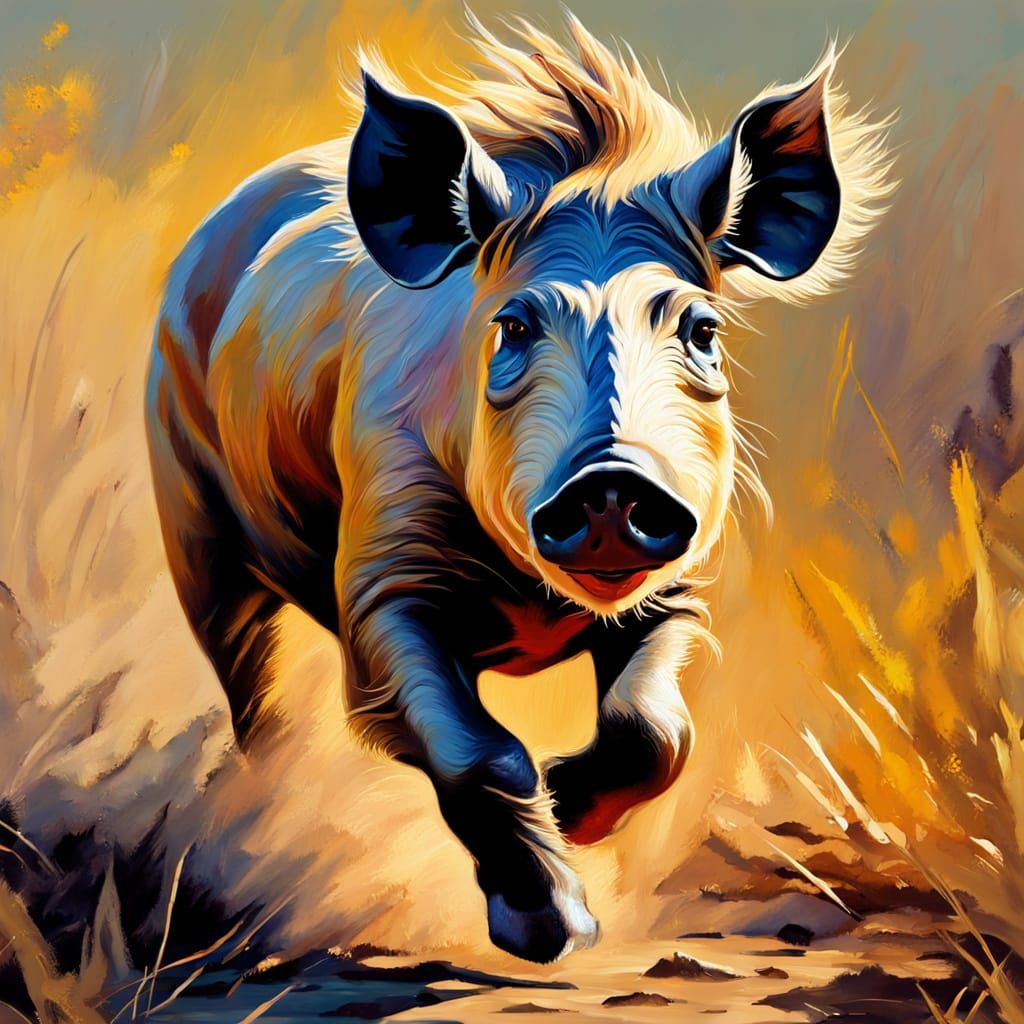 Vibrant Warthog Running: Expressionist Oil Painting