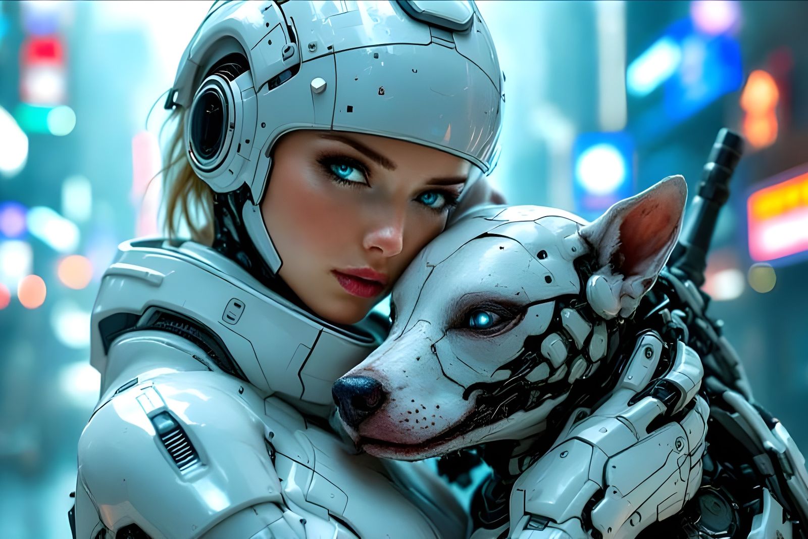 Cyborg Warrior with Battle Dog in Dystopian Cityscape
