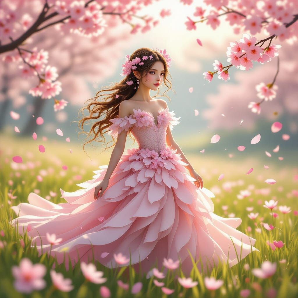 A soft-focus ethereal illustration of a young fairy standing...