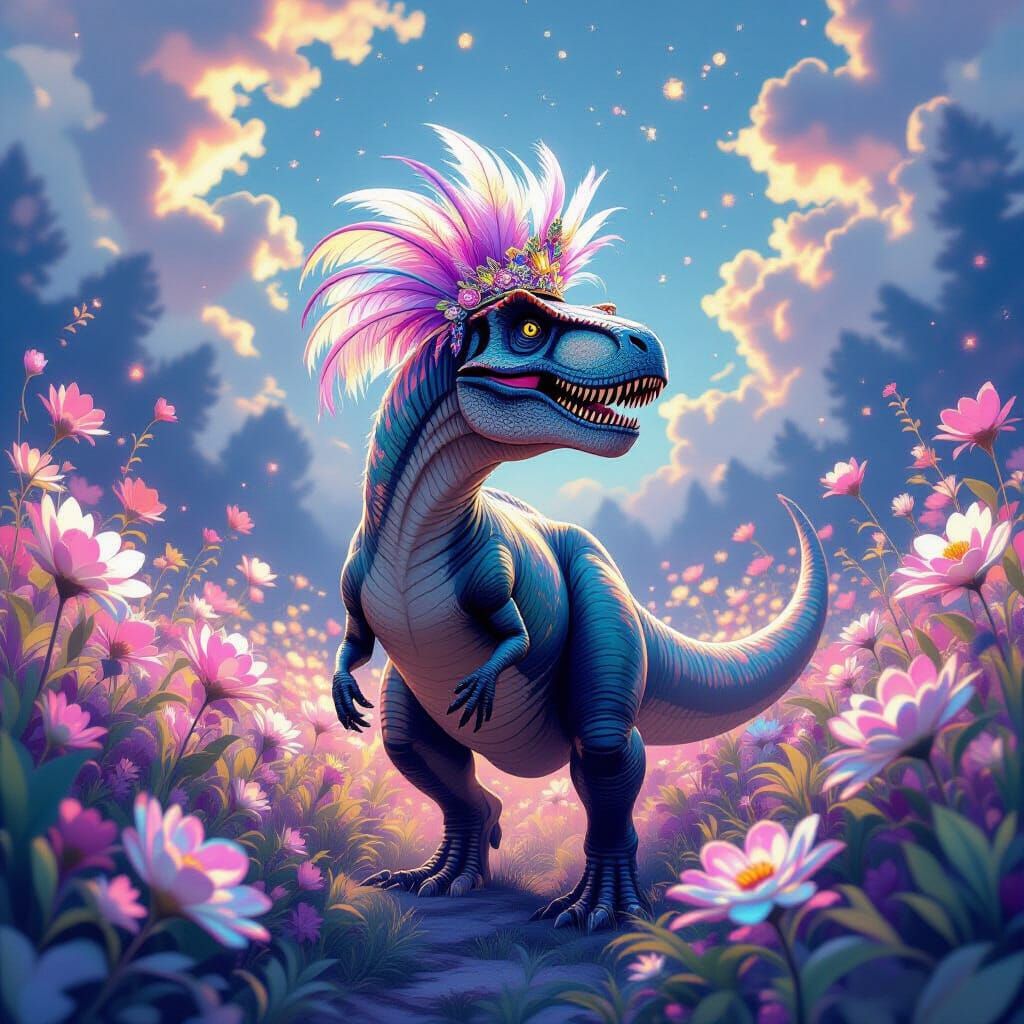 T-Rex Showgirl in Impressionist Cosmic Dreamscape