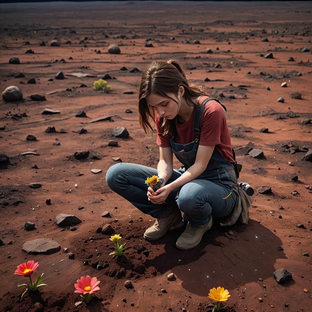 Girl Plants Flower on Saturn in Cinematic Style