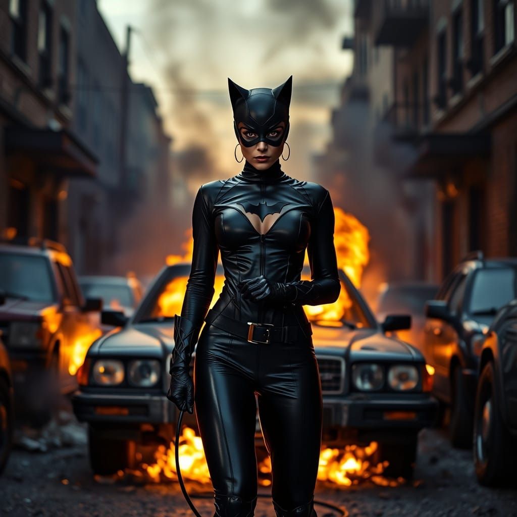 Catwoman in Dark Alleyway with Burning Cars, Bokeh Effect