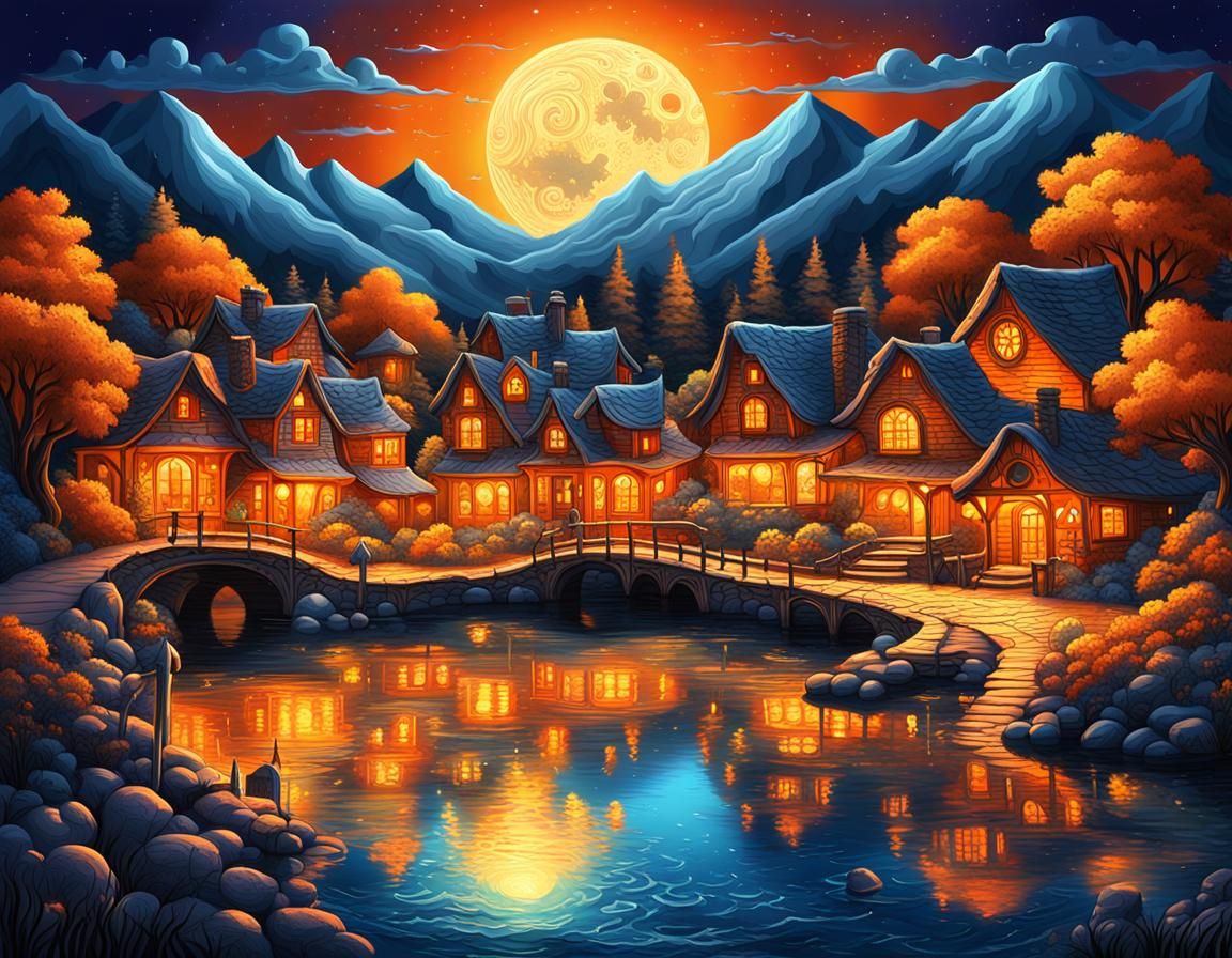 Fantasy Lake Village with Full Moon in Graffiti Art