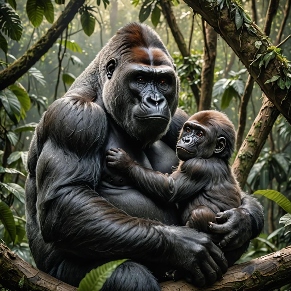 Loving Mother Gorilla in Rainforest, Hyperrealism