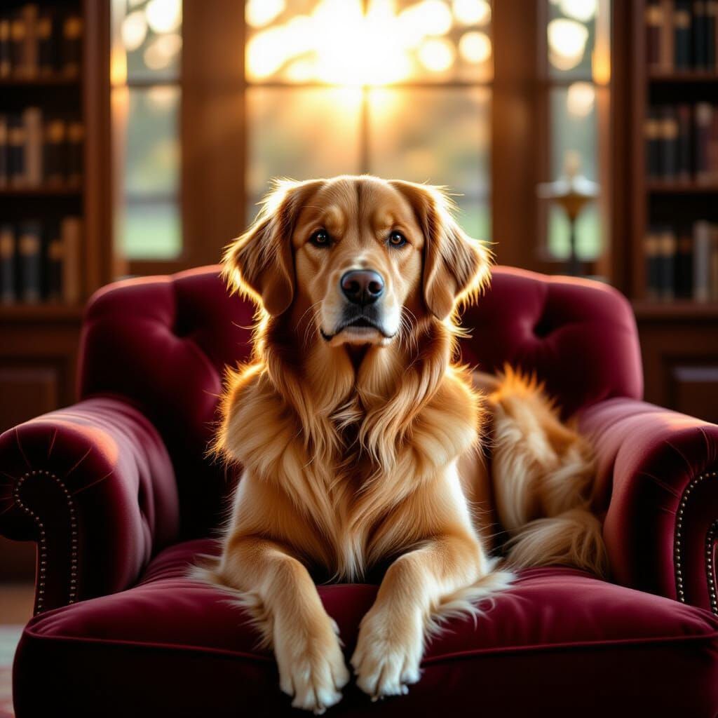 Majestic Golden Retriever in Sunlit Library