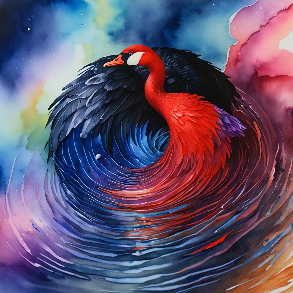 Black Goose and Red Swan in Surreal Watercolor