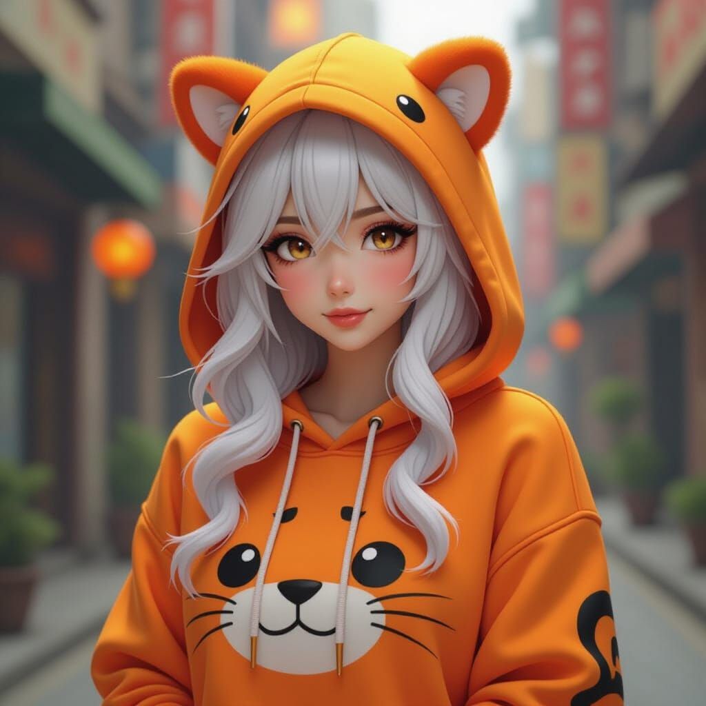 Anime Woman with Tigger Hoodie in 3D Concept Art Style