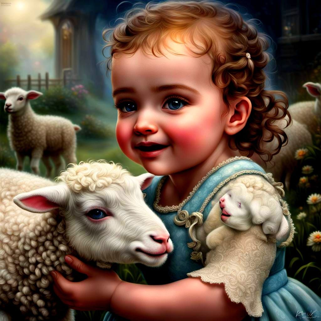 Baby Girl Feeds Lamb: Hyperrealistic Ethereal Scene