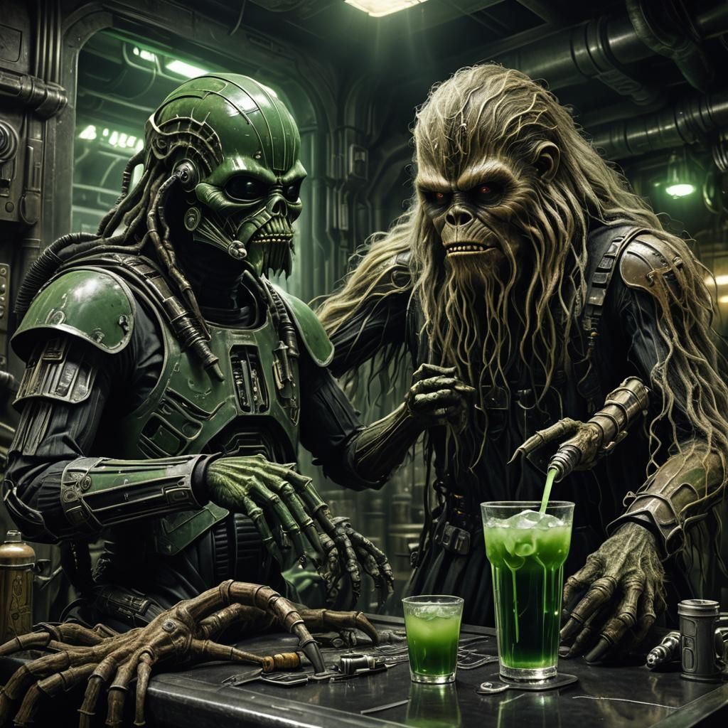 Wookiee and Alien in Biopunk Cantina, Giger Inspired