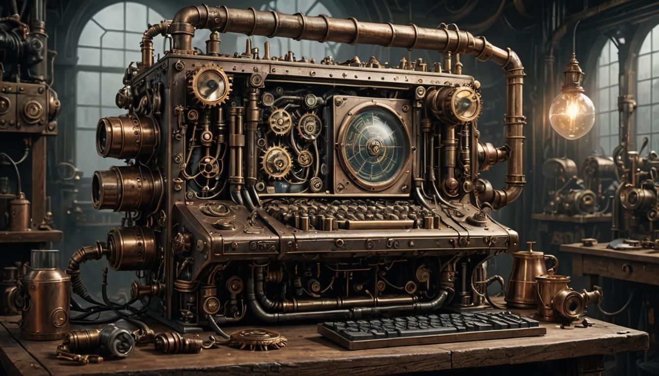 Steampunk Computer in Foggy Workshop, Concept Art