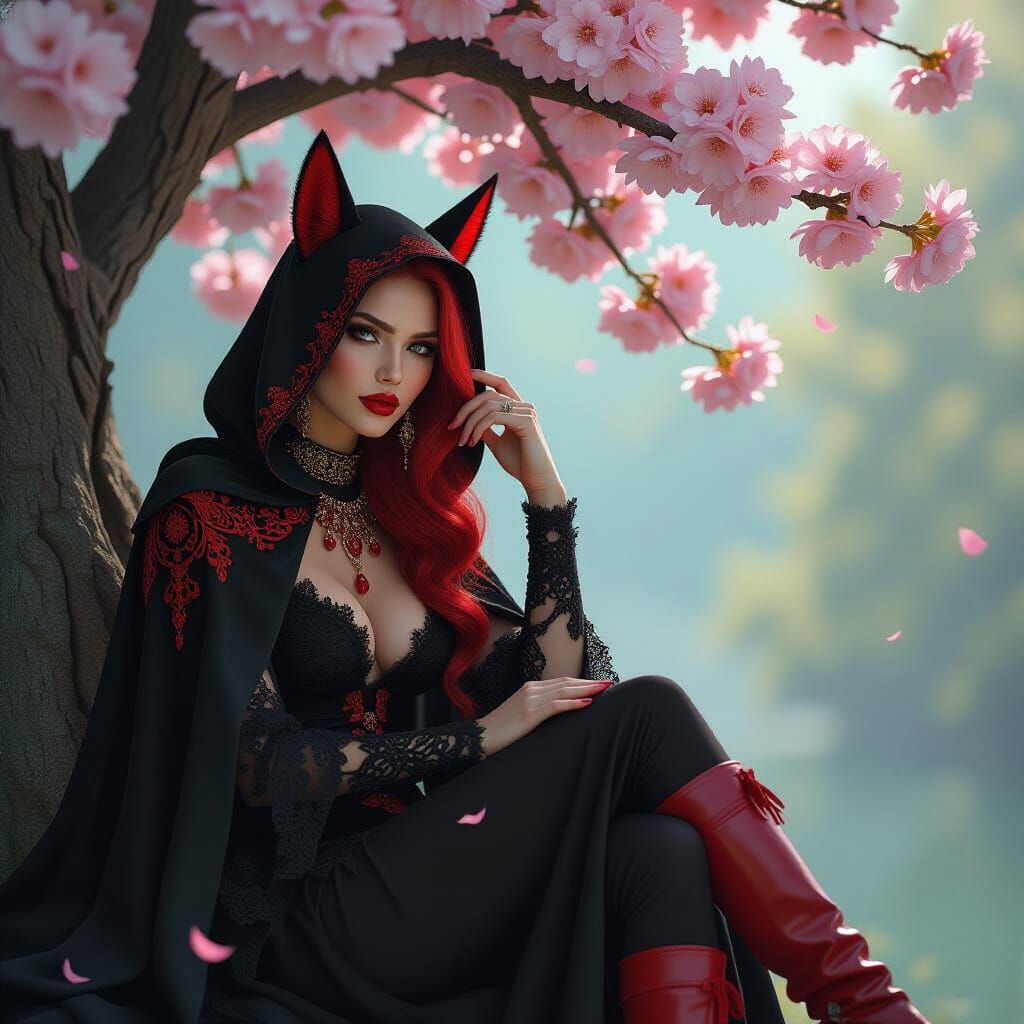 A captivating woman, red lips, wearing an adorable black and red chimera's head as a hooded cape, adorned with intricate...
