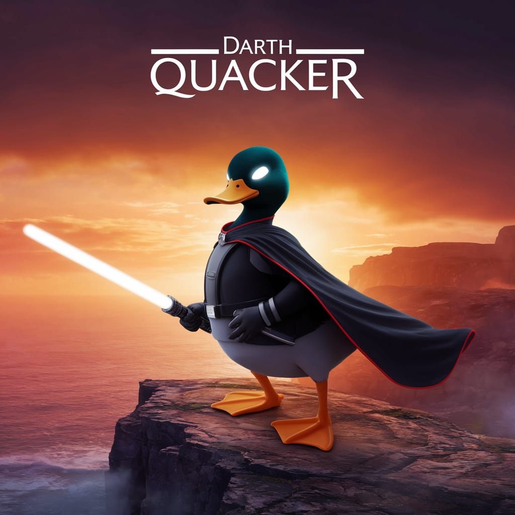 Mysterious Dark Lord Duck in Fiery Sunset Landscape