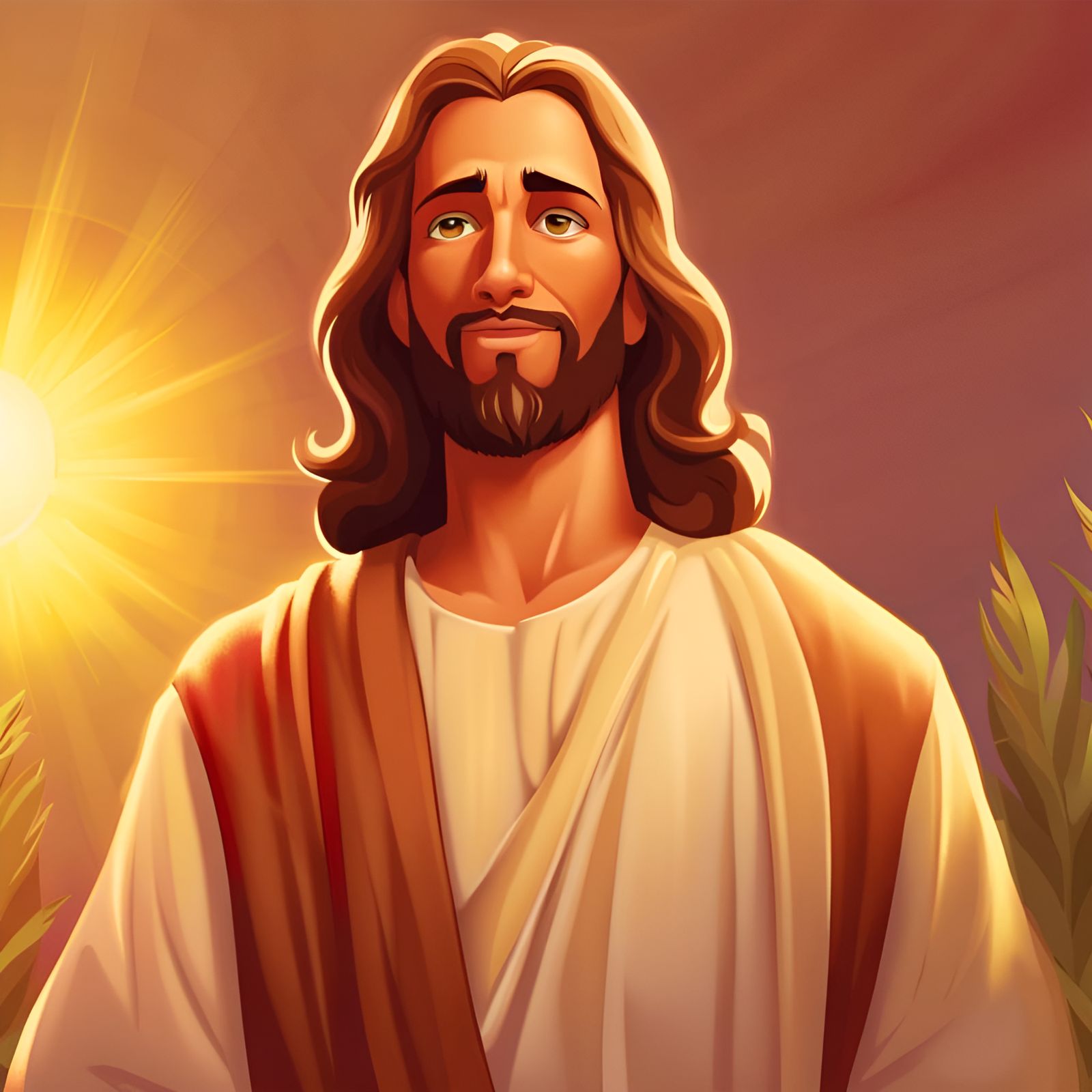 Peaceful Cartoon Jesus Portrait on Sunny Background