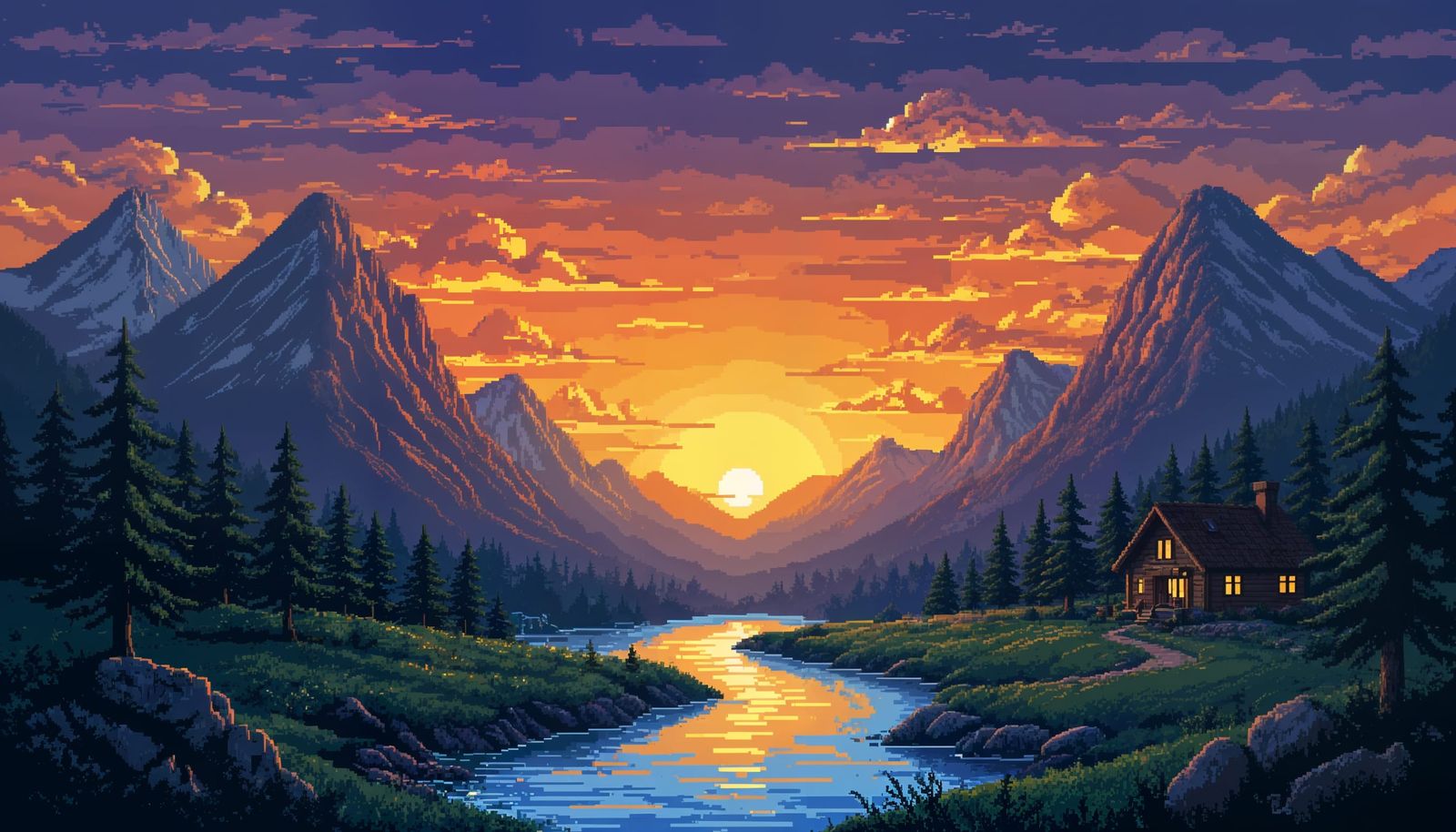 8-Bit Pixel Art Sunset Valley with River and Mountains