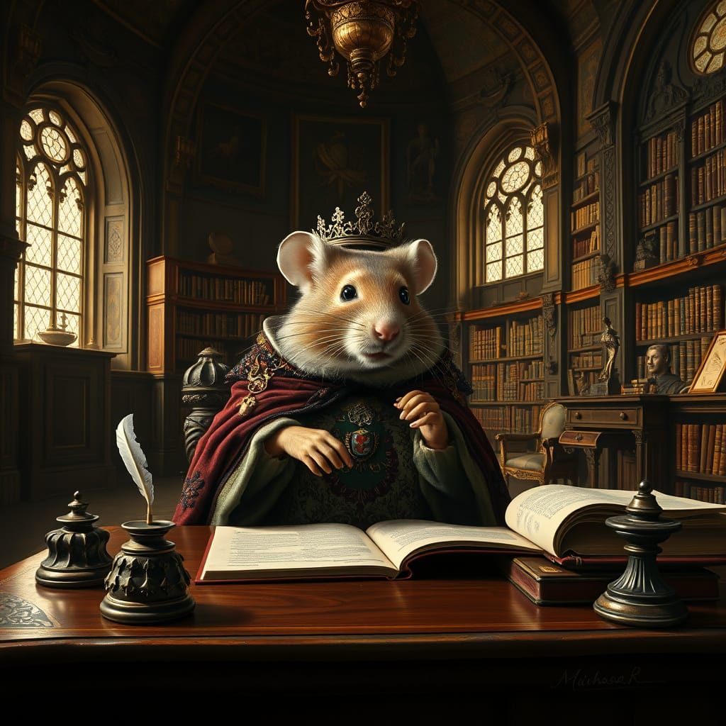Renaissance Hamster in Library, Baroque Style