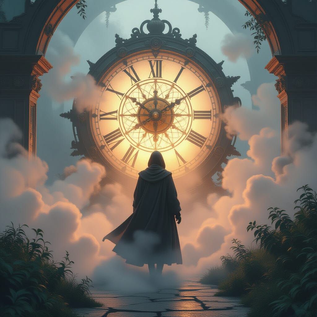 Mysterious Time Traveler in a Dreamy Landscape