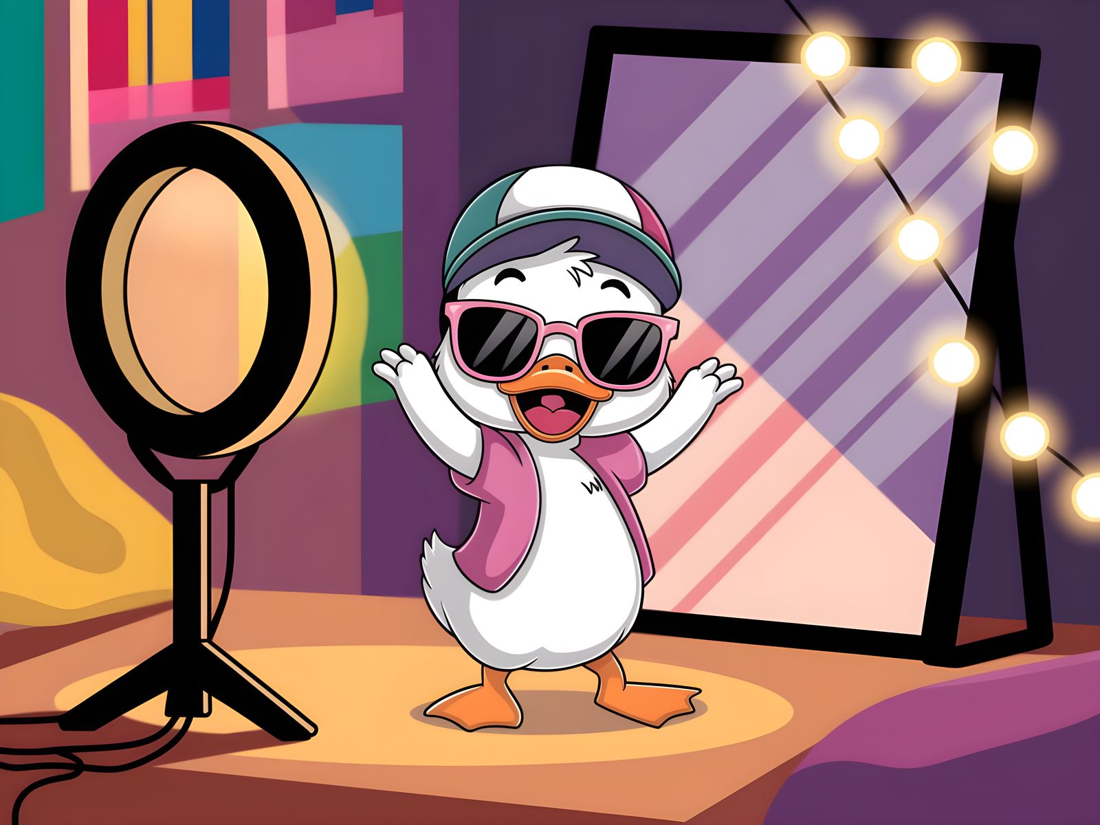 Duckling's Cheerful Dance in Cozy Bedroom