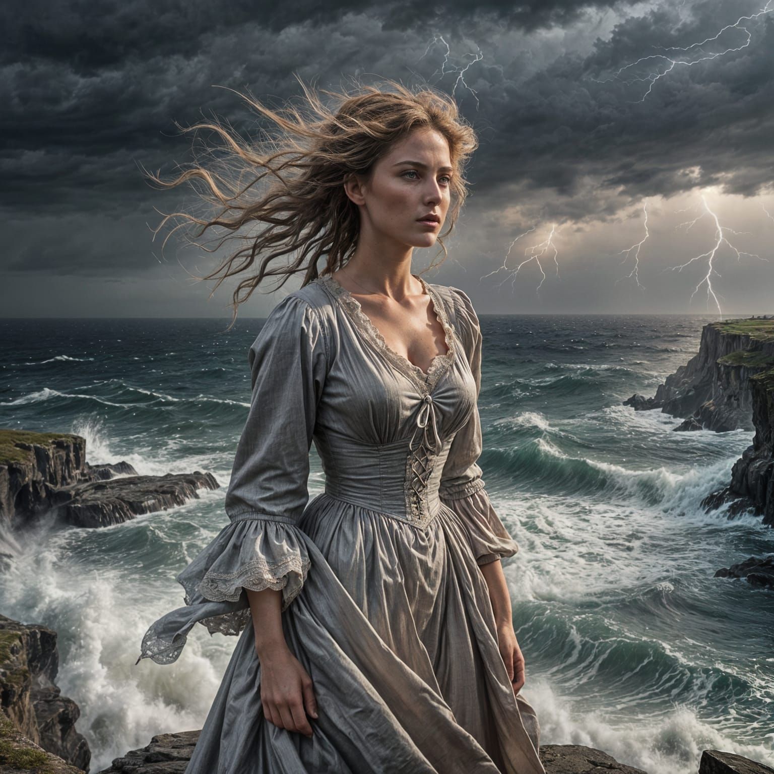 Woman on Cliff Overlooking Stormy Sea