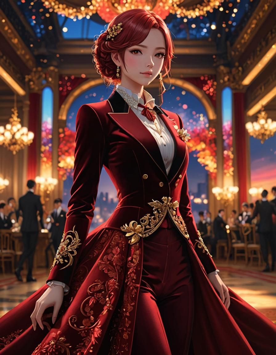 Velvet Red Ballroom Suit in Anime Style