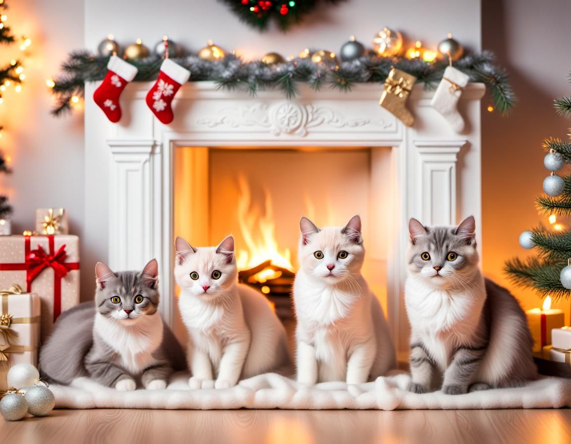 Christmas Kittens by the Fireplace: Hyperrealistic Art