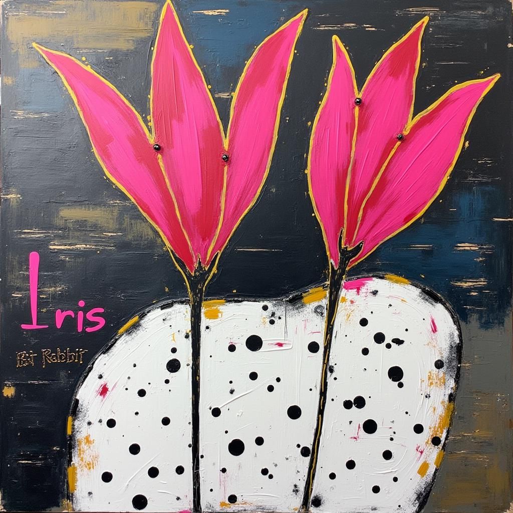 Abstract Expressionist Iris Painting with Pink Flowers
