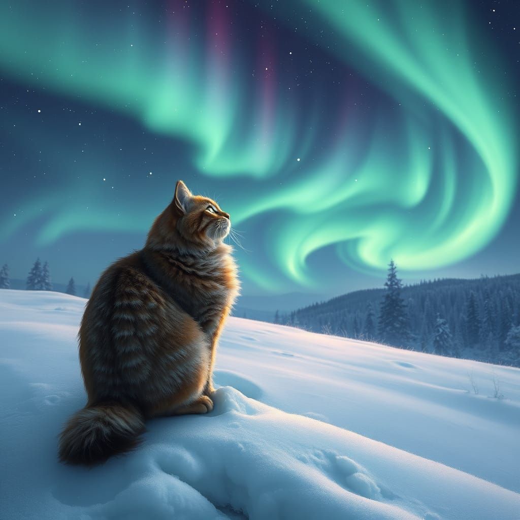 Mystical Norwegian Forest Cat Under Northern Lights