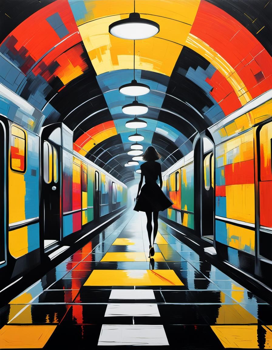 Abstract Subway Art with Woman in Silhouette